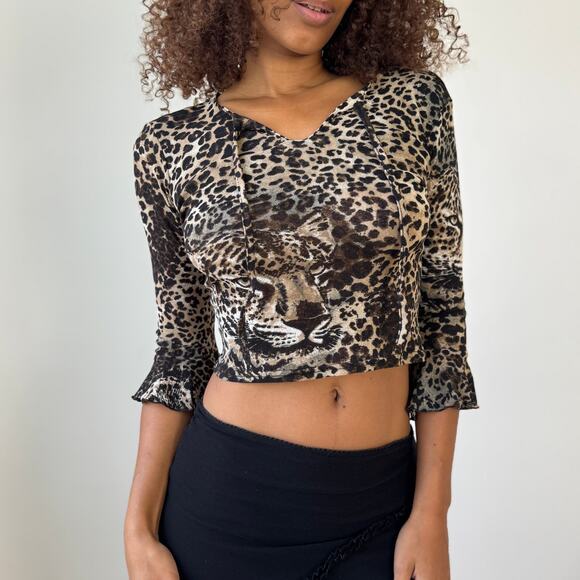 Vintage French Mesh Leopard Face Cropped Top with Ruffle Cuffs (XS/S) - Picture 1 of 8
